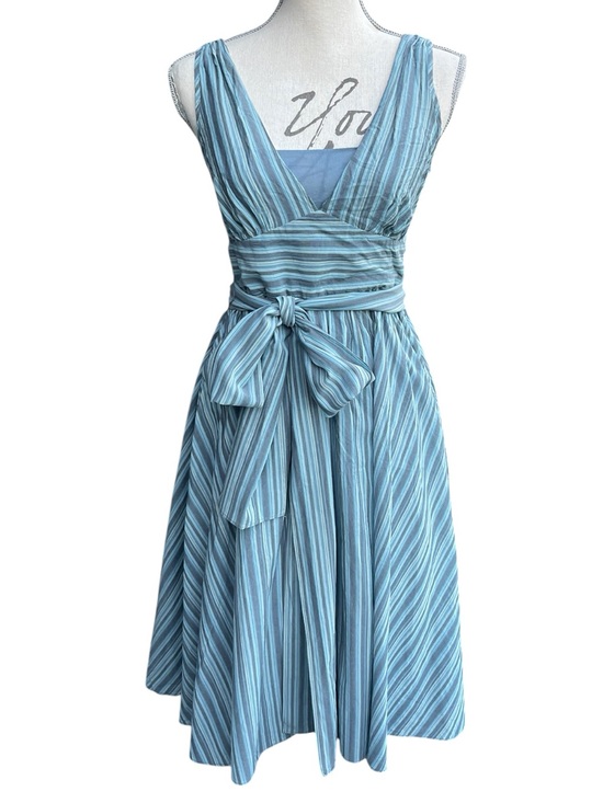 Banana Republic Dresses & Skirts - Banana Republic Aqua/Blue Stripe Cotton V-Neck Tie Waist A-Line Midi Dress (4)